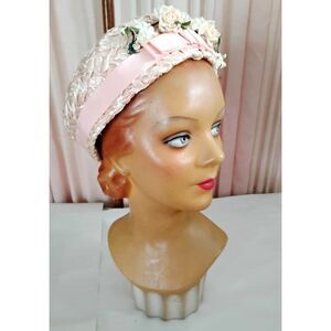 Vintage 1960s Pink Cellophane Straw Pillbox Hat with Floral Trim